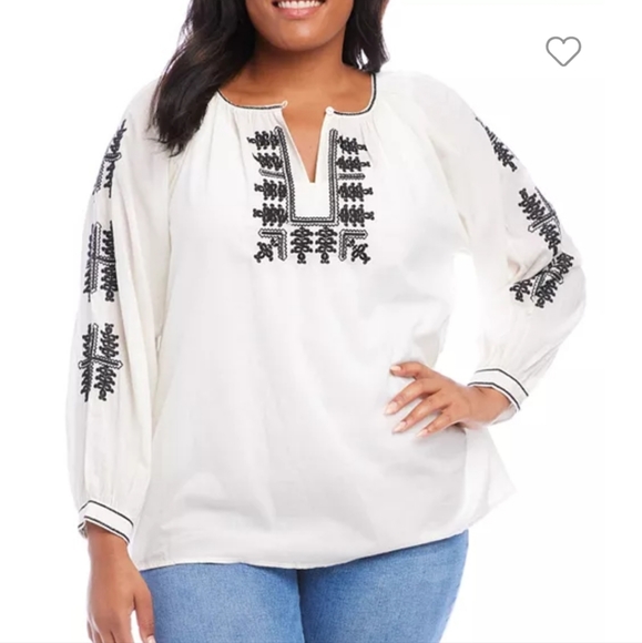 Karen Kane Plus Size Boho Cotton Embroidered Peasant Top - Picture 1 of 9